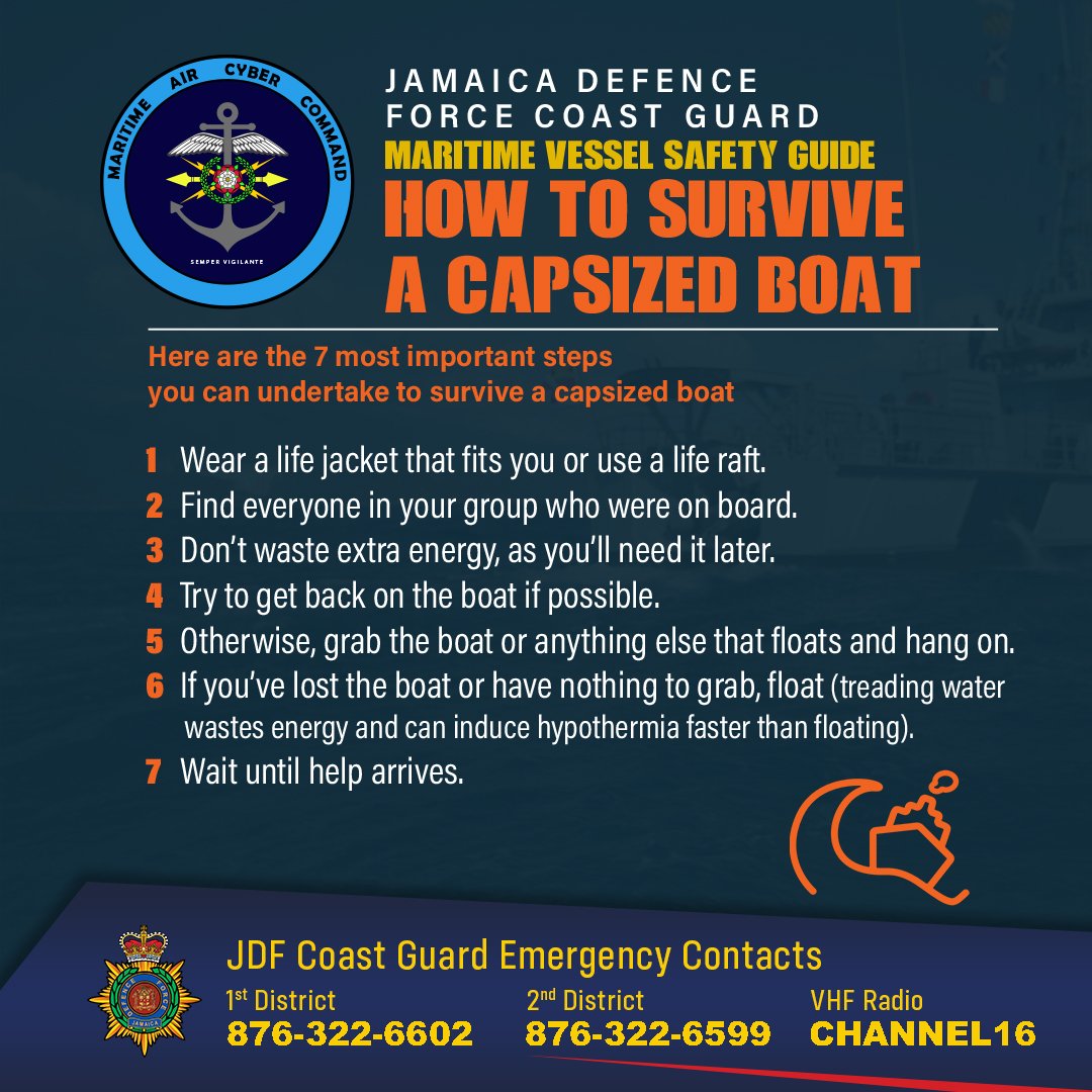 JDFSoldier's tweet photo. In an effort to continue protecting our #BlueEconomy from all threats and to promote safety at sea, the Jamaica Defence Force reminds all sea goers of these seven steps to survive a capsized boat.
#JamaicasDefenceForce #ProtectingourBlueEconomy #seasafe #JDFStrong https://t.co/kaNQfrmIiw