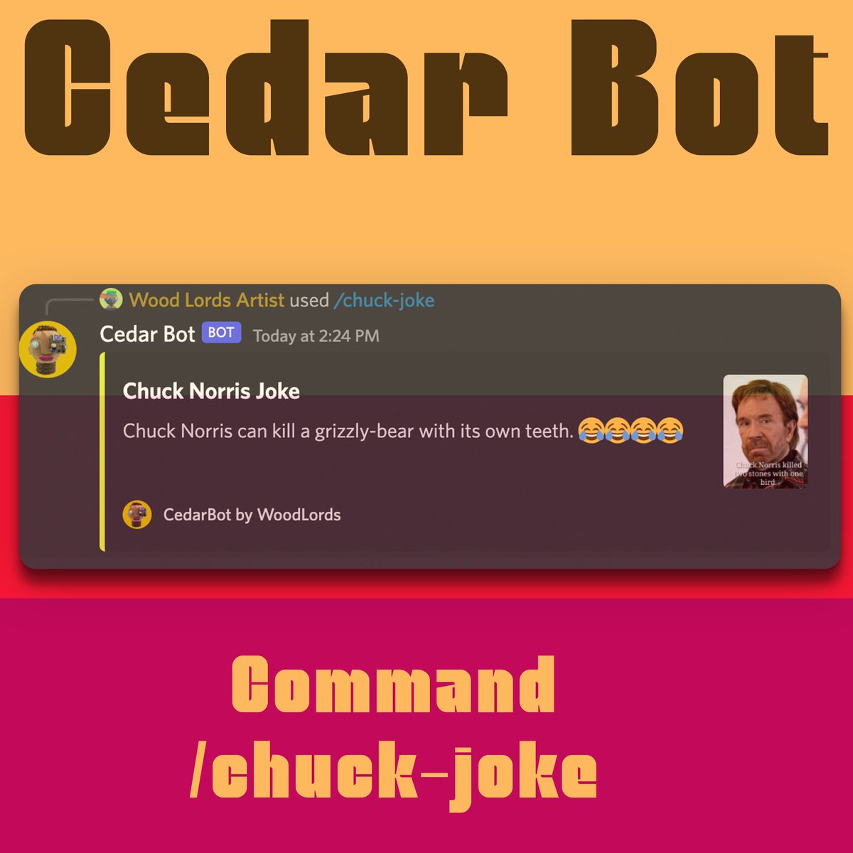 BotCedar's tweet image. 🚨 Did you know that CedarBot has @chucknorris Jokes integration? 

#Cardano 
#CNFTCommunity #CNFT #NFT #Discordbot #Discord