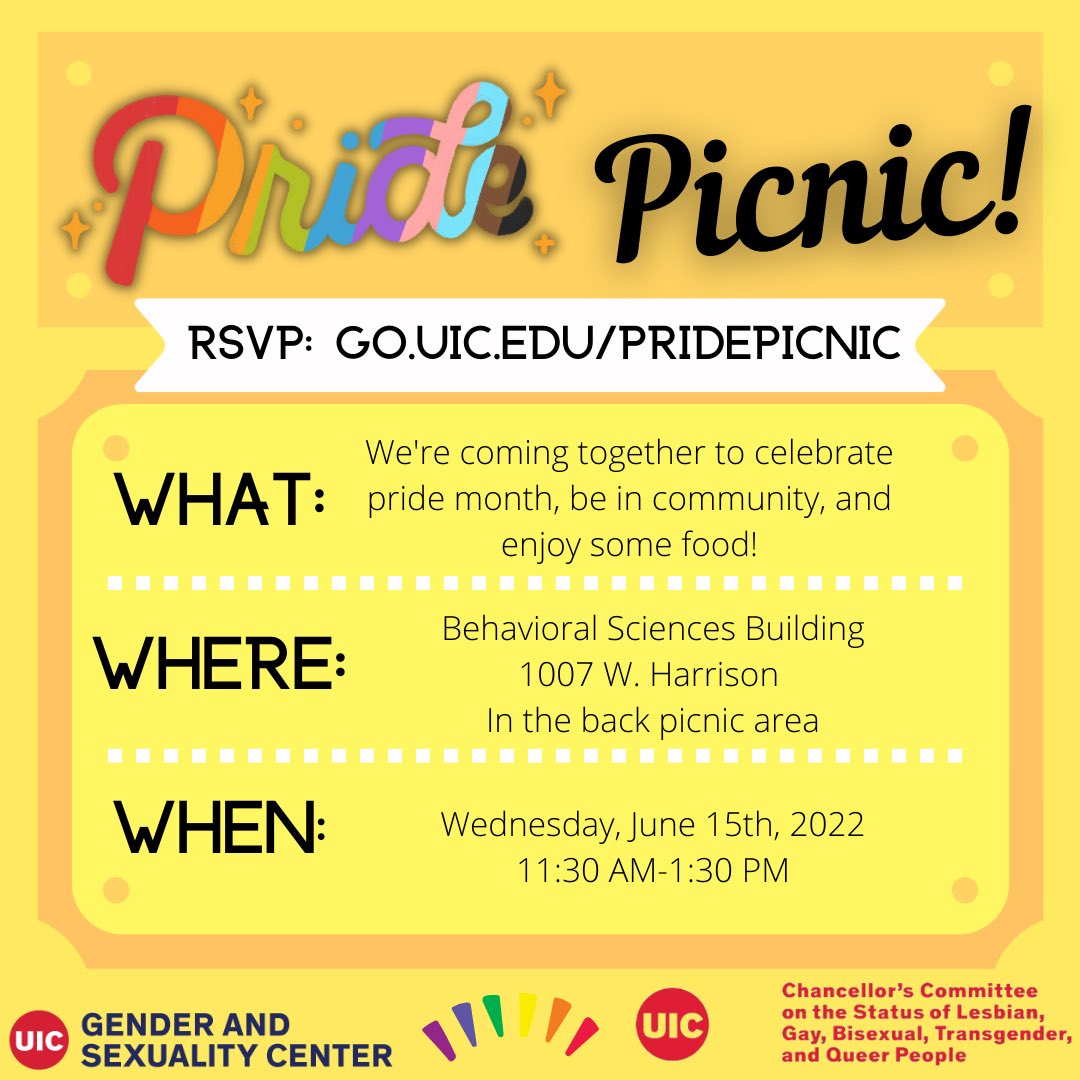 UIC_GSC's tweet photo. This month we are coming together with the Chancellor’s Committee to celebrate, be in community, and enjoy food! Come celebrate pride with us on June 15th from 11:30-1:30 behind BSB!  

✨Spread the word! ✨

Please RSVP by June 9th. Link in the bio see you there! 🌈 https://t.co/jSNSsIbmRb