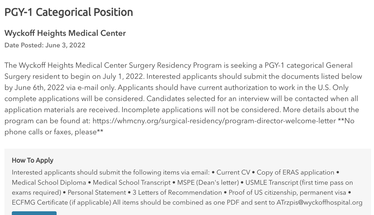 PGY-1 #GenSurg #Categorial Residency Opening:
Wyckoff Heights Medical Center, Brooklyn, NY
Posted: June 3, 2022
Info/Apply Here: apds.org/education-care…
Info about program: whmcny.org/surgical-resid…
#InsideTheMatch #ECFMG Cc: <a href="/FutureGenSurg/">Future Gen Surg Residents</a>