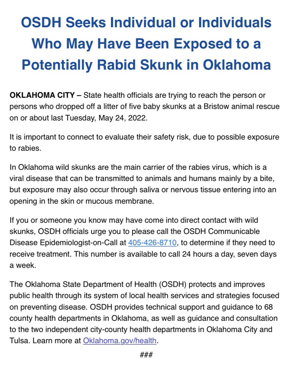 ChrisKPolansky's tweet image. And now for something completely different: The Oklahoma State Department of Health is seeking an “individual or individuals who may have been exposed to a potentially rabid skunk in Oklahoma.”