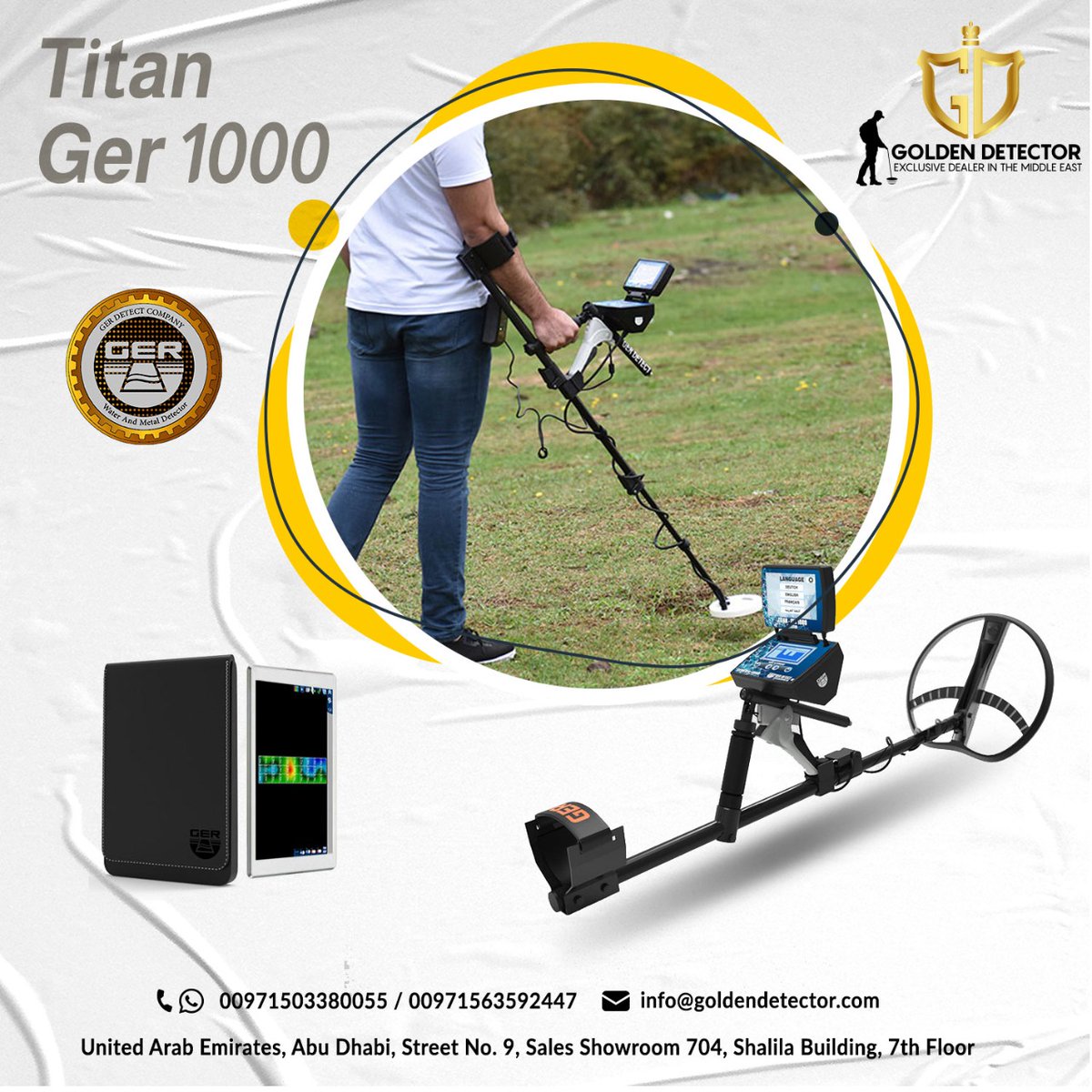 TITAN GER 1000 DETECTOR
A complete 5 search systems station in one device specialized in the detection of underground gold, treasures, ancient antiquities, voids, caves, and tombs.

The front range of the device is 2500-metre square and the depth is 45 meters underground.