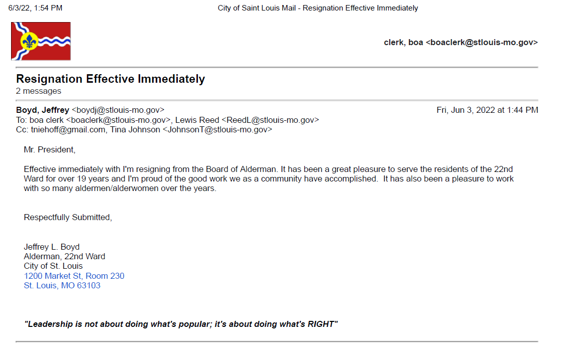 rlippmann's tweet photo. From the clerk of the Board of Aldermen, here is a screenshot of @jeffreyboyd's resignation email. https://t.co/zadmTDb28e