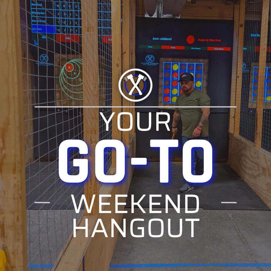 FlyingTimberAx's tweet photo. Never say "I don't know what do do this weekend," because the answer is always Flying Timber! Book your lane for this weekend at https://t.co/3Pq7d2YfrU. #goto #weekendhangout #answertoyourproblems #FlyingTimber #axethrowing #bookyourlane https://t.co/JwPqkwTrCV