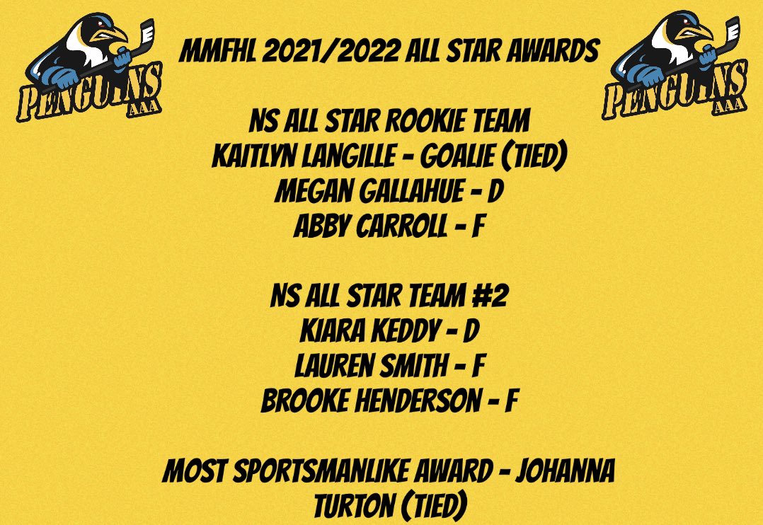 We are very proud to announce the below Penguins who have been named to the 2021/2022 U18AAA Female hockey season All Star awards! Congrats to everyone! Pens Proud!