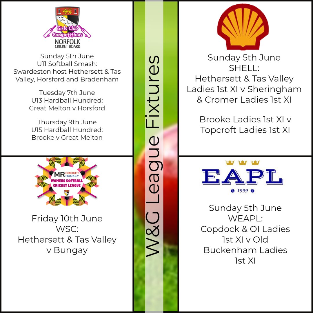 🚨Upcoming W&amp;G League Fixtures🚨

A busy week ahead for all our teams! 🏏

#WeGotGame #WomensCricket #GirlsCricket