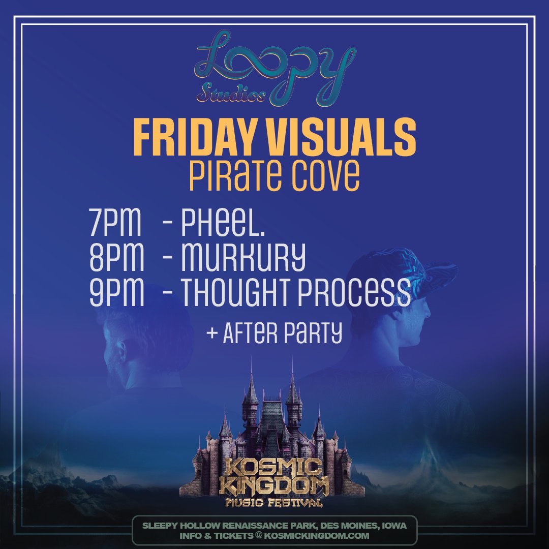 Our visual schedule for today at Kosmic Kingdom! Come check us out throwing pixels at the pirate cove today 🦜 

#kosmickingdom #kosmickingdommusicfestival #musicfestivals #livevisuals