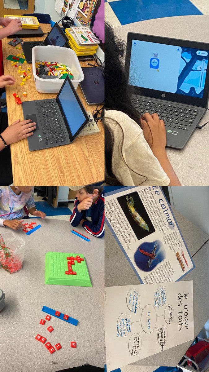 MlleMccormack00's tweet photo. Salle 27’s French centres this week.
Practicing comprehension &amp; sounds on @Lalilo_Literacy 
Building Lego creations &amp; describing them on @Flipgrid 
Playing “stackable” @ScrabbleGO to practice vocab 
Reading a non-fiction text + identifying key facts w/ an organizer #tdsbfsl #tech https://t.co/zu07IeCBK8
