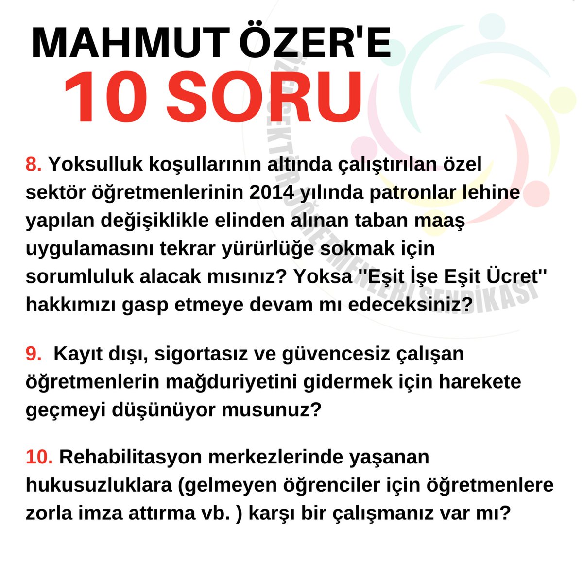 Mahmut Özer'e soruyoruz özel okulları fabrika yönetir gibi bitmez bir kâr hırsıyla işleten patronlardan yana mı yoksa öğretmeninden yana mı? <a href="/tcmeb/">Millî Eğitim Bakanlığı</a> <a href="/ogretmensendika/">Özel Sektör Öğretmenleri Sendikası</a>