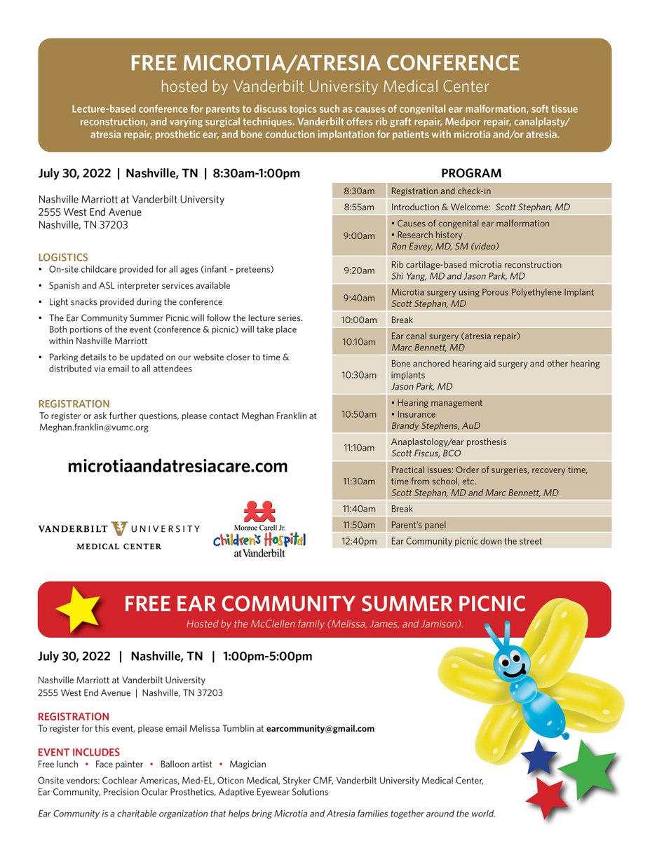 VUMC Otolaryngology–Head and Neck Surgery (@vanderbiltent) on Twitter photo Join us on July 30 for the return of our #Microtia/#Atresia Summer Conference & Picnic. For more information, visit our clinic website: microtiaandatresiacare.com/events/upcomin…
<a href="/ScottStephanFPS/">Scott Stephan</a> <a href="/marcbennett6/">marc bennett</a> <a href="/shiyangmd/">Shi Yang, MD</a> <a href="/EarCommunityOrg/">Melissa Tumblin</a> <a href="/EbenRosenthal/">Eben L Rosenthal, MD</a>
#MedTwitter Join us on July 30 for the return of our #Microtia/#Atresia Summer Conference & Picnic. For more information, visit our clinic website: microtiaandatresiacare.com/events/upcomin…
<a href="/ScottStephanFPS/">Scott Stephan</a> <a href="/marcbennett6/">marc bennett</a> <a href="/shiyangmd/">Shi Yang, MD</a> <a href="/EarCommunityOrg/">Melissa Tumblin</a> <a href="/EbenRosenthal/">Eben L Rosenthal, MD</a>
#MedTwitter