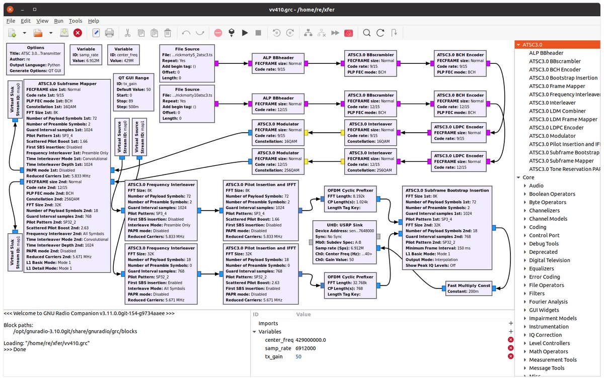 drmpeg's tweet image. ATSC 3.0 subframe transmitter is finished. Subframes allow for completely different modulation parameters for each PLP (Physical Layer Pipe). In this example, the 1st subframe is 8K FFT, 16QAM and the 2nd subframe is 32K FFT, 256QAM with reduced carriers.