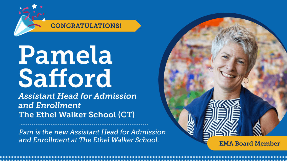 EnrollmentORG's tweet photo. Congratulations to EMA Board Member @PamSafford for her recent appointment to Assistant Head for Admission and Enrollment @Ethel_Walker. We're so happy for you and wish you all the best in your new role! 
#EMABoard
#EMACommunity
#BetterTogether https://t.co/AAW0PturHg