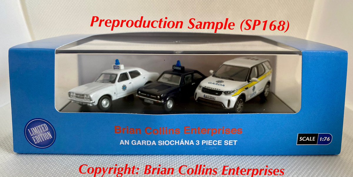 BrianCollinsEn1's tweet photo. May I introduce, the next release from Brian Collins Enterprises, 3 piece An Garda Siochana set, comprising of Ford Cortina MK3 - Ford Escort MK2 - Land Rover Discovery 5. 

Set is limited to 1,500 pieces, release date &amp; price to be confirmed. https://t.co/qxvScHL2qG