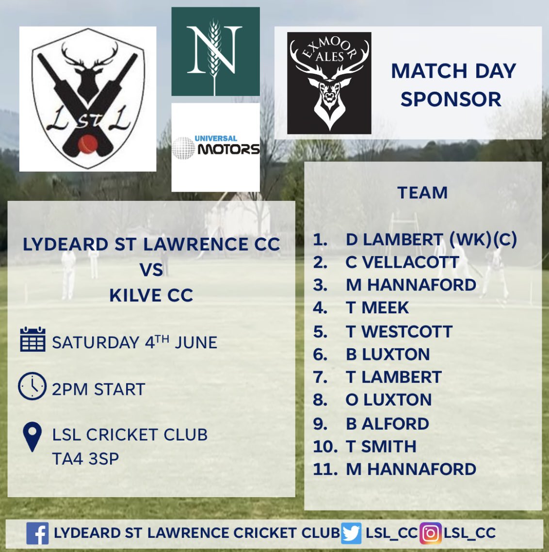 An early season top of the table clash tomorrow as we host <a href="/KilveCricket/">Kilve Cricket Club</a>. 

Our Match Day Sponsor is <a href="/exmoorales/">Exmoor Ales</a>. Thank you to them for their support. 

#WeAreLSL