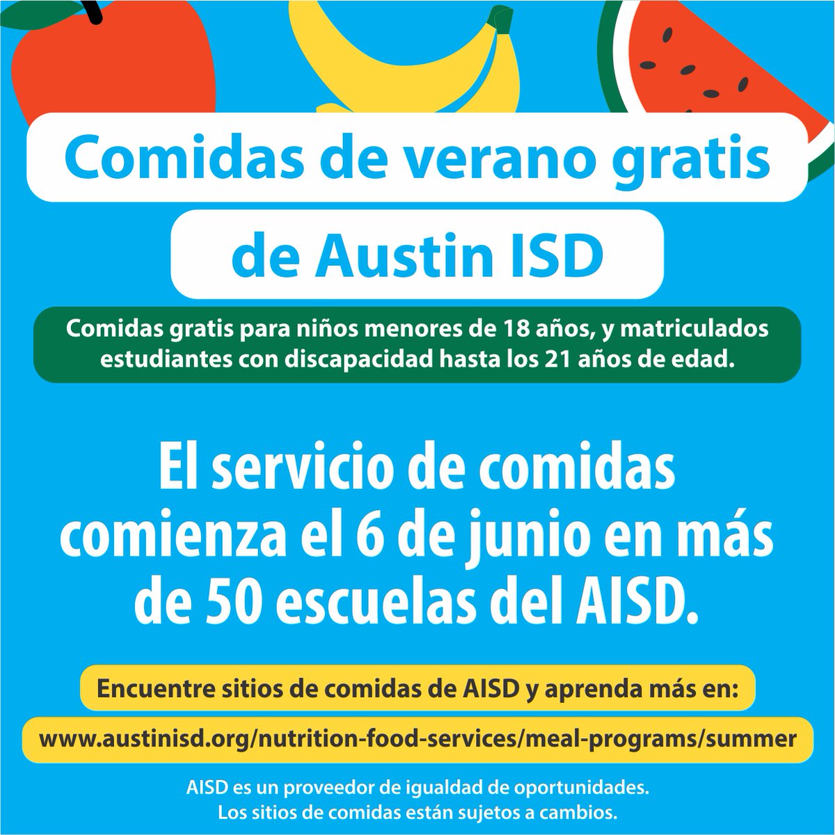 🍉We will provide free breakfast and lunch this summer at more than 50 @AustinISD schools beginning June 6. --- 🍉Estamos ofreciendo desayuno y almuerzo gratis este verano en más de 50 escuelas de AISD a partir del 6 de junio. Learn more/Aprende más: austinisd.org/nutrition-food…