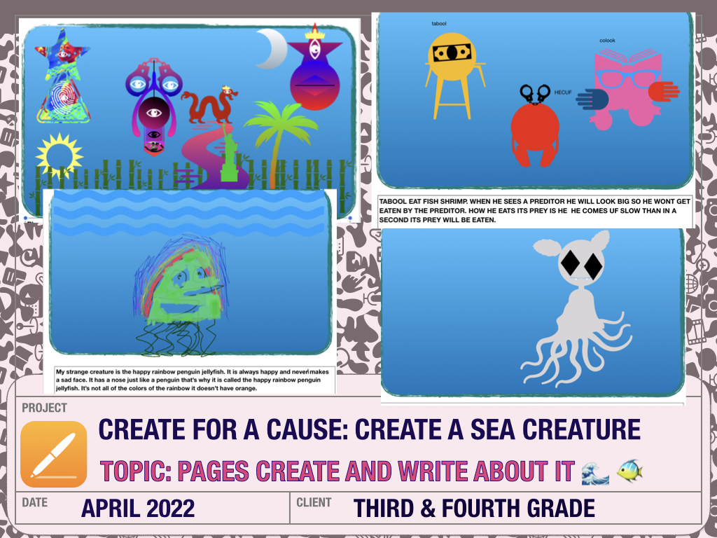 DoloFrost's tweet photo. Inspired by @CauseCreate @CASCougars 3 & 4th graders used a #createforoceans book activity. Using @AppleEDU #Pages they created sea creatures & wrote details about it. We also watched @MontereyAq’s Top 10 deep sea animal video for realistic creature ideas! https://t.co/FGJXgjSr7v