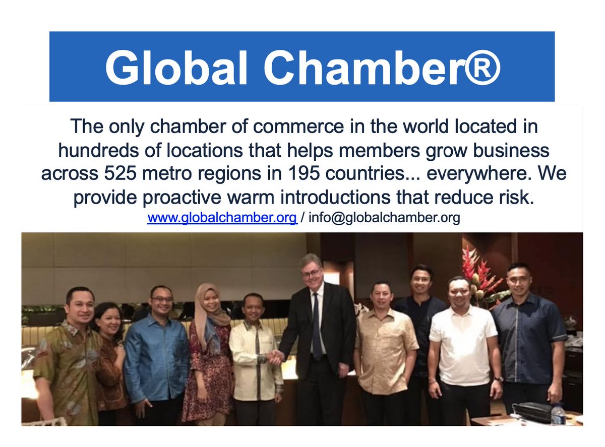 Global Chamber® boosts your business and personal growth with global services, virtual activities, warm introductions, special access, focused information, targeted education and training, global mentoring and consultation, inspiration, and celebration. globalchamber.org/main/resources/.