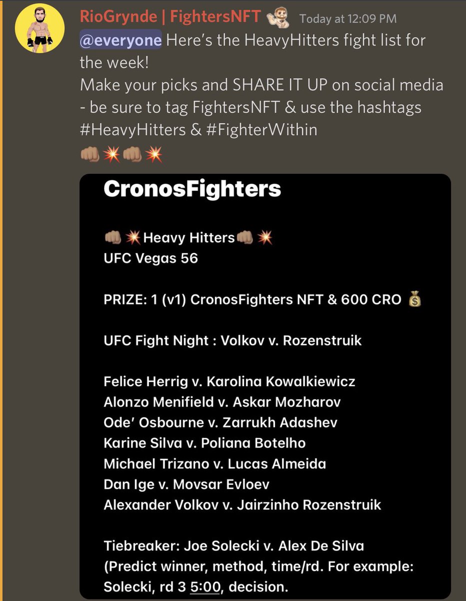 Rio_Grynde915's tweet photo. Another week, another chance to win some Money with the @FightersNFT #HeavyHitters #Giveaway
Get yourself a Fighter from https://t.co/4zG2HWpE5j marketplace and then make your picks in the #HeavyHitters channel of our Discord https://t.co/BZocakzPrD
Unlock your #FighterWithin https://t.co/EPWKanY1hV