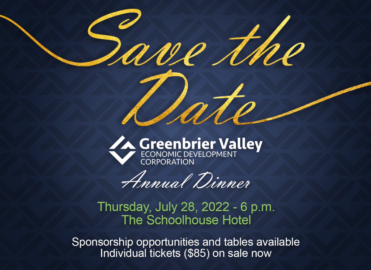 GbrValleyEDC's tweet photo. Save the date for Thursday, July 28th! After two years, we are bringing back our annual dinner! Go to https://t.co/kC4eOzRBBy for more information and to buy tickets.
If you are interested in sponsoring our dinner, then please reach out to Ruthana Beezley at rbeezley@gvedc.com https://t.co/tEYgIXyBIJ