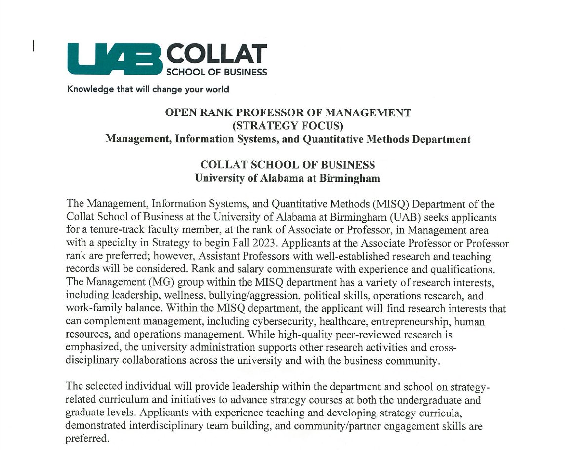 profallengorman's tweet photo. Strategic management scholars, come join a great team in the #Collat School of Business at #UAB! Click here to apply: https://t.co/t1IqhXJvfX
Great things are happening in #MISQ!
@UABSchoolofBiz @UABNews ππ₯ππ₯ππ₯ https://t.co/GUl4LoMsKC