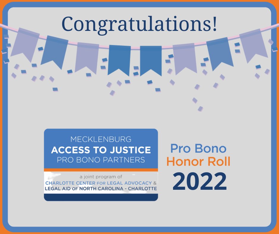ncprobono's tweet photo. Congratulations to @CharlotteCente6 and @LegalAidNC - Charlotte inductees of the Mecklenberg Access to Justice Pro Bono Partners Pro Bono Honor Roll 2022! Click below to see this year's cohort. https://t.co/ElfpKtR1C7 https://t.co/Z9XGYQmsyL