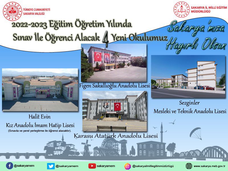 📍Figen Sakallıoğlu Anadolu Lisesi
📍Karasu Atatürk Anadolu Lisesi 
📍Halit Evin Kız Anadolu İmam Hatip Lisesi 
📍Sezginler Mesleki&amp;Teknik Anadolu Lisesi

Çalışmalarımız sonucu İlimizde sınavla öğrenci alan proje okulu sayısı <a href="/tcmeb/">Millî Eğitim Bakanlığı</a> onayı ile 19’dan 23'e çıktı. 

Hayırlı olsun…