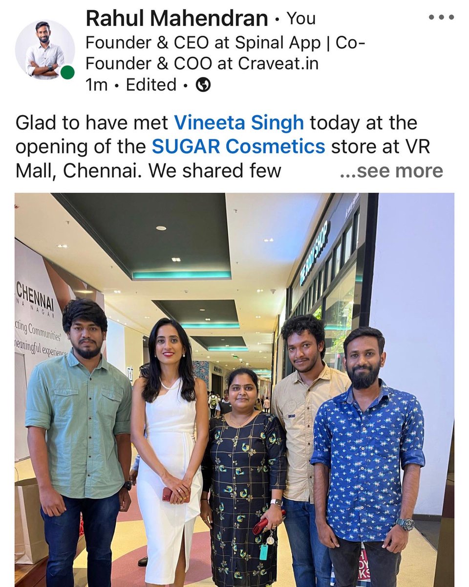 Rahulmahendran_'s tweet photo. Glad to have met @vineetasng Co-Founder & CEO of @trySUGAR today at VR Mall, Chennai. We shared few words of about our plans on https://t.co/2WmLkaaQ6O & @official_spinal . She was very encouraging and inspiring. #sugarcosmetics #sharktankindia #craveat_in #spinalapp #startup https://t.co/pwhWkWPPvN