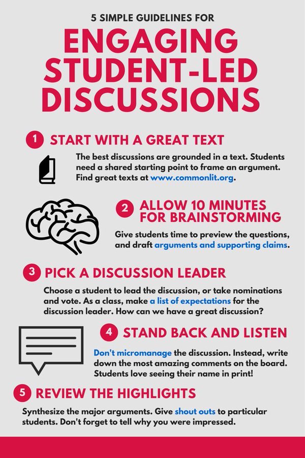What guidelines do you follow to create an engaging discussion in your classroom?

@commonlit #edchat #edutwitter #education