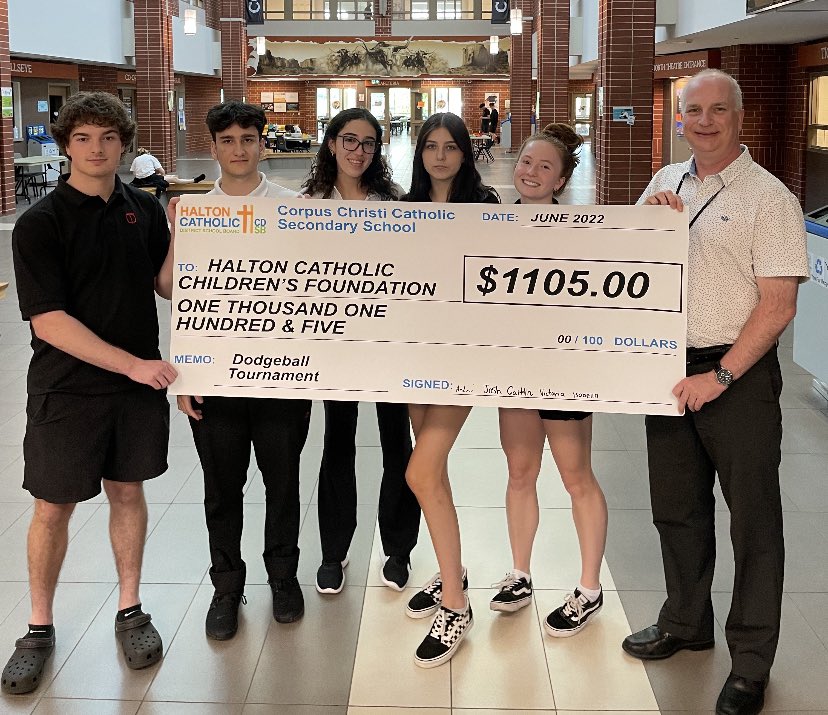 Dodgeball tournament fundraiser cheque presentation to Halton Catholic Childrens Foundation <a href="/CCCSSNews/">Corpus Christi</a> @haltonccf