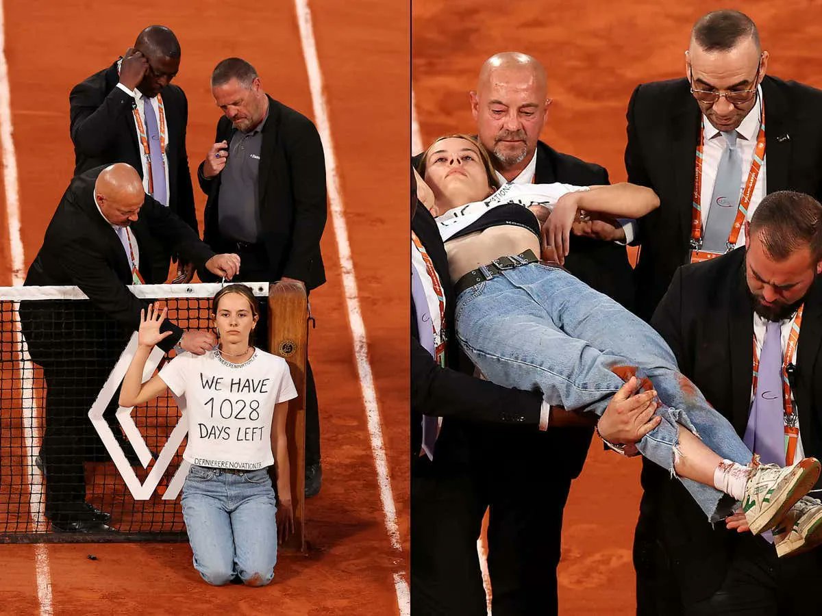 barstoolsports's tweet image. Wild Moment At The French Open As A Protester Invaded The Court And Tied Herself To The Net While Wearing a Shirt That Says We Have "1,028 Days Left" barstoolsports.com/blog/3420108/w…