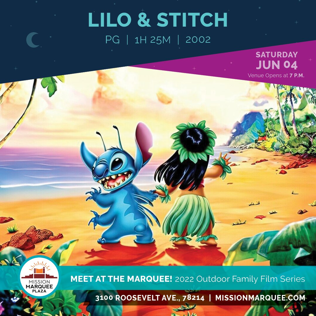 This Saturday, join us as we welcome summer at #missionmarqueeplaza with Lilo &amp; Stitch! Enjoy hula dancing, food trucks, FREE popcorn, and more. Venue opens at 7 p.m. and movie begins shortly after dusk. Bring your lawn chairs, blankets, and picnics. missionmarquee.com