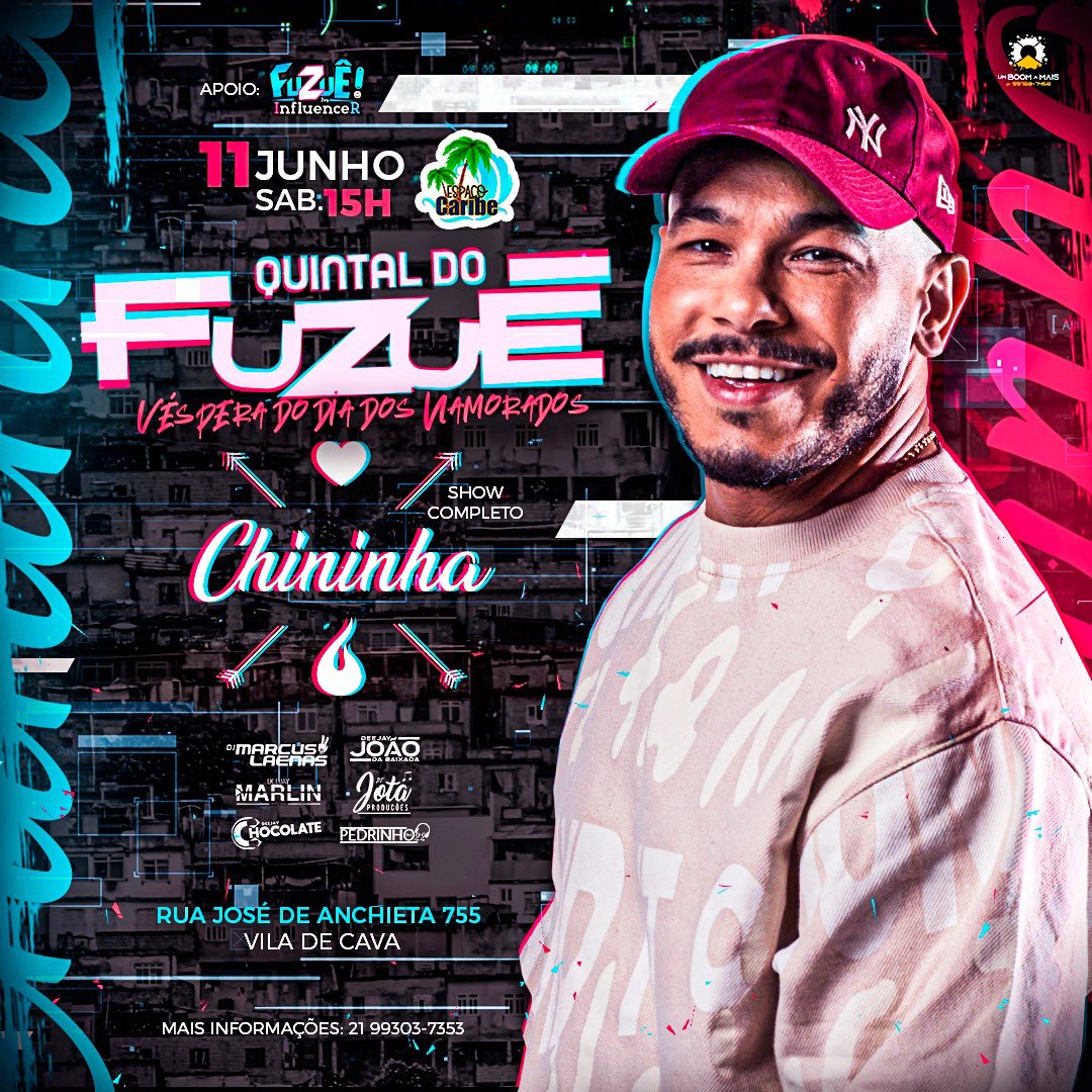 BeniciusZz's tweet photo. Então toma 🎊🎊🎊
Atendemos o público que clama pelo pagode 
Agora 1 mês teremos fuzue dos influencers com trap 
E 1 mês teremos Quintal do Fuzuê 

@cantorchininha estará com a gente neste dia 11/06 
Cantando todas as suas melhores músicas ❤️❤️
Mais informações 21 993037353
#pag https://t.co/g8zler82px