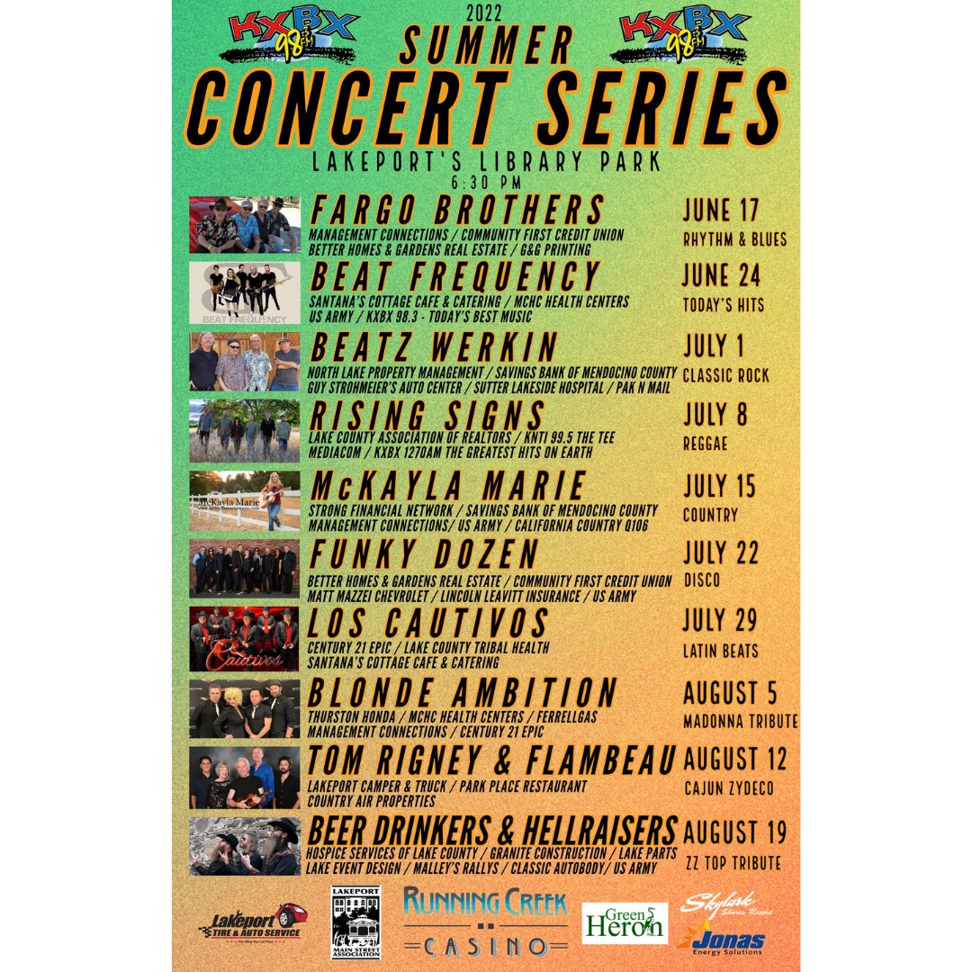 CityofLakeport's tweet image. We are just 2 weeks away from kicking off the 2022 Summer Concert Series at Library Park @LibraryParkLP! 
The KXBX FM Summer Concerts have been a #LakeCountyCA summer tradition for more than 30 years &amp;amp; we hope to see you on Friday nights this summer! #LakeportCA 
👏👏🎸🎸🎹🎷🎼