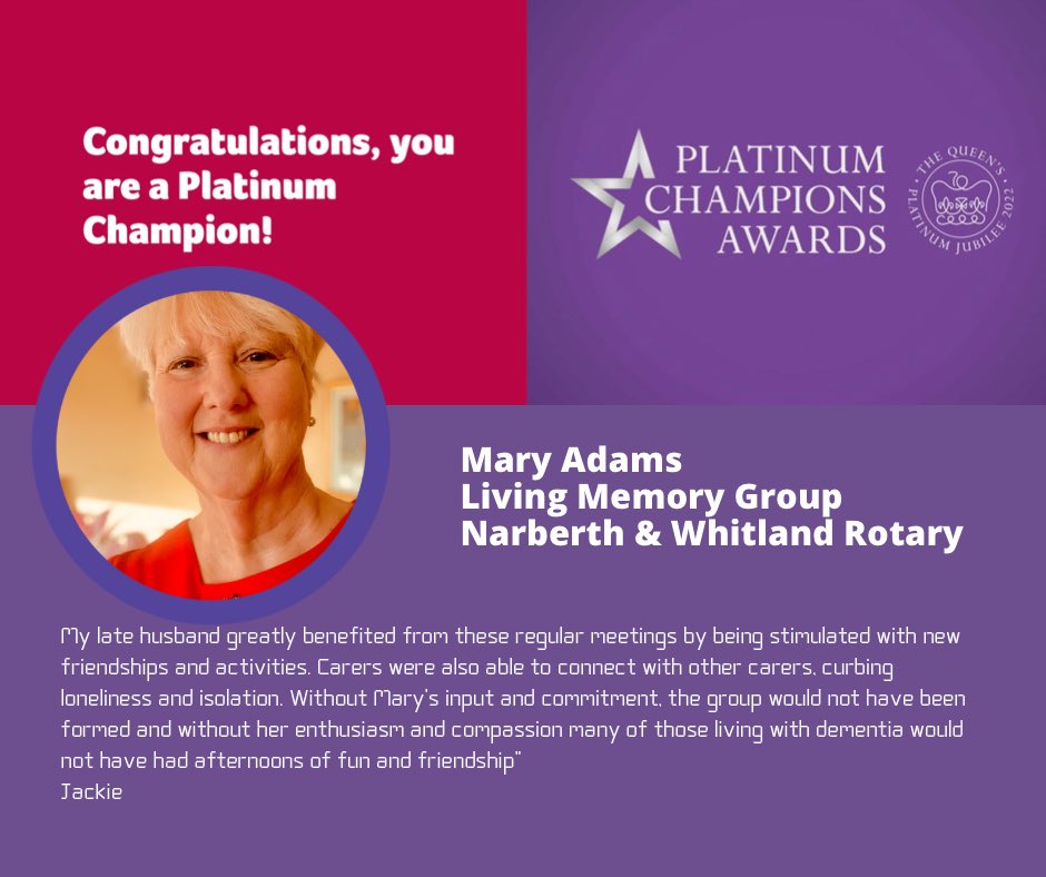 MaryAdamsRotary's tweet photo. It’s official it says so on the @RVS website - so proud to accept this for our wonderful The Living Memory Group #intergenerational #socialisation 
#VolunteersWeek2022 
#rvs 
#TheOneShow #platiniumjubilee #platiniumchampions #WALES #DuchessofCornwall #queensplatinumjubilee https://t.co/s3ZwEJJmgx