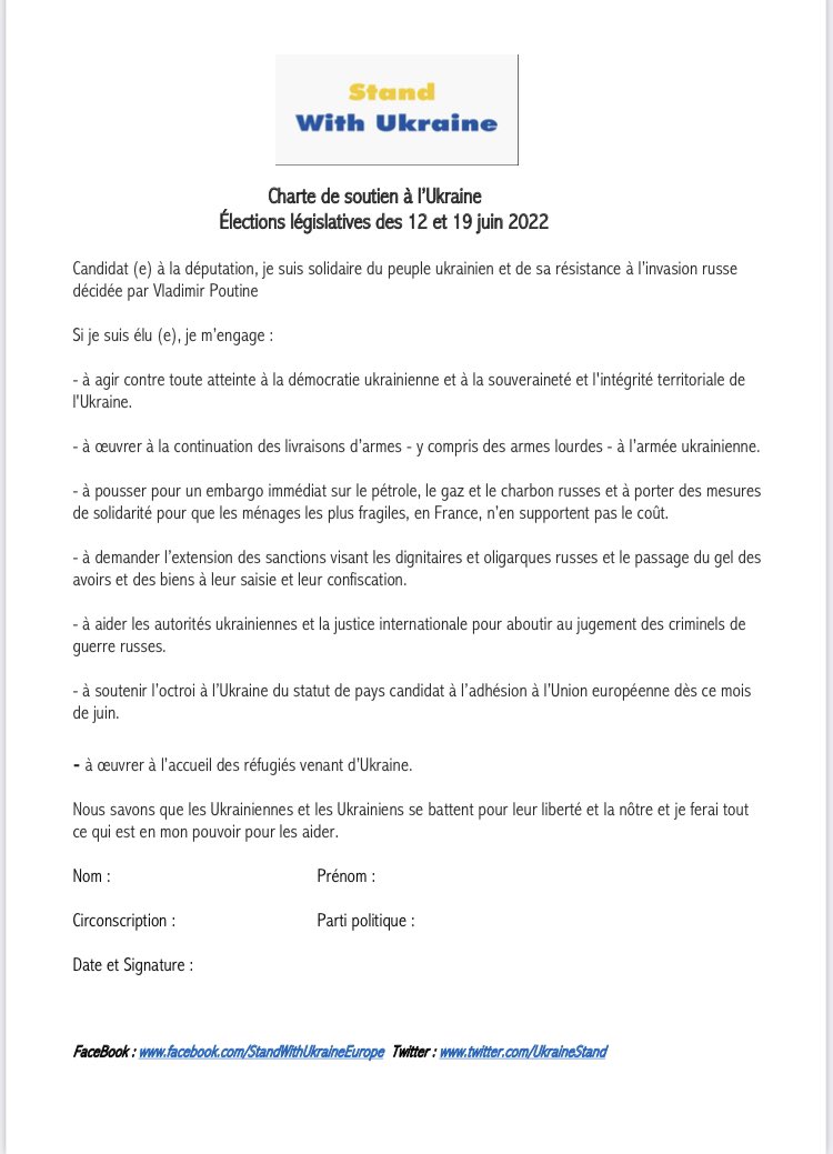 UkraineStand's tweet photo. #legislatives  Nous appelons tous les candidat(e)s et responsables de partis politiques à signer notre « Charte de soutien à l’#Ukraine ». 6293 candidatures : nous leur proposons de s’engager sur 7 points clés. #FranceUkraineSolidarité #StandWithUkraine 🇫🇷🇺🇦🇪🇺 https://t.co/8XRQTeMr0p