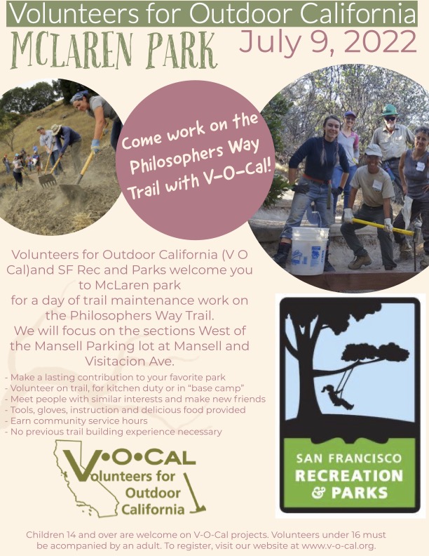 v_o_cal's tweet photo. Join Volunteers for Outdoor California for a day of trail maintenance at McLaren park! Sign up on our website https://t.co/OpOCtcs1Ik. @SfRecPark #trailbuilding #trailmaintenance #trails #parks #volunteer #outdoors #SFparks #SanFrancisco #MclarenPark #Mclaren #trail https://t.co/nhPVPdABfy