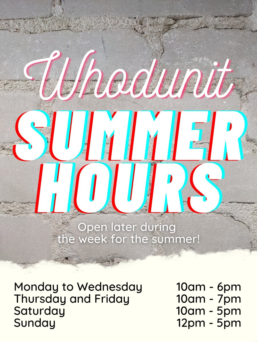 whodunitwpg's tweet photo. Hey everyone, just a reminder that we've changed our hours for the summer, which means we are open until 7pm tonight for all your new and used book related needs!

#indiebookstore #bookstagram #shoplocalmb #shoplocalwpg https://t.co/06qKm4MrWi