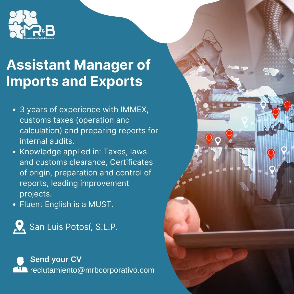 MRBAtraccion's tweet photo. MR&amp;B requests an Assistant Manager of Imports and Exports in #SanLuisPotosí.
Send us your #CV to reclutamiento@mrbcorporativo.com

#vacantes #empleo #MRB #Reclutamientoyseleccion #Reclutamiento #Headhunting #atracción #talento #interviewjob #hiring #recursoshumanos #capitalhumano https://t.co/PtT6bCRszU