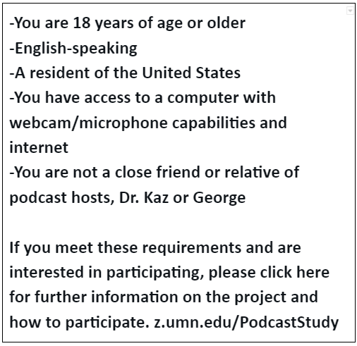 TheMindDeconstructed (@minddeconstruct) on Twitter photo Calling all "The Mind Deconstructed Podcast" listeners! There is an opportunity for you to participate in psychiatry education research through the University of Minnesota. To contribute you must fulfill the following:
z.umn.edu/PodcastStudy <a href="/kazjnelson/">Kaz Nelson, MD</a> #PsychTwitter Calling all "The Mind Deconstructed Podcast" listeners! There is an opportunity for you to participate in psychiatry education research through the University of Minnesota. To contribute you must fulfill the following:
z.umn.edu/PodcastStudy <a href="/kazjnelson/">Kaz Nelson, MD</a> #PsychTwitter
