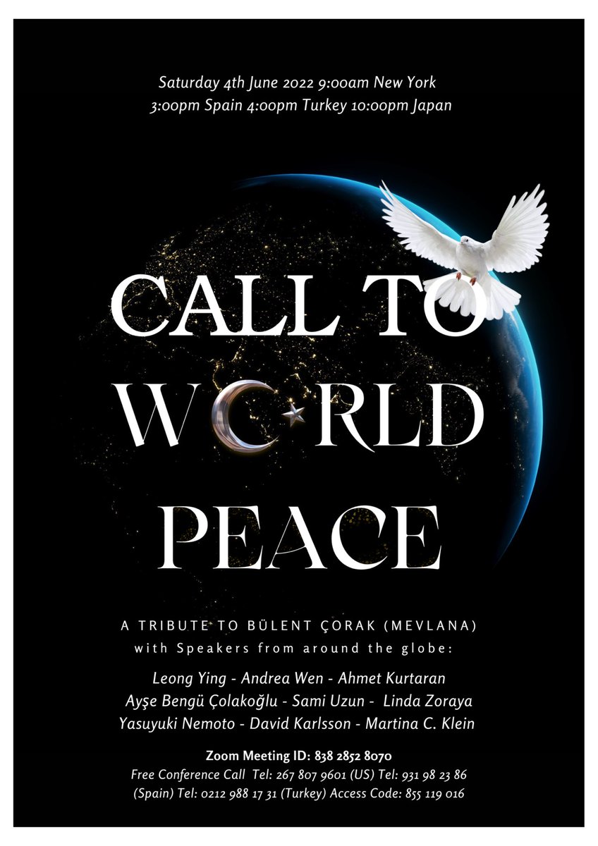 #CALLTOWORLDPEACE 
#JourneytoGOD a #Tribute to Bülent Çorak

Hosted by <a href="/KLYSTAR/">Leong Ying</a> and AndreaWen with speakers from around the world to give a message of #Peace #Light &amp; #Hope

Saturday 4th June 2022
9:00am New York / 4:00pm Turkey

Watch the Live Stream: facebook.com/groups/OurColl…