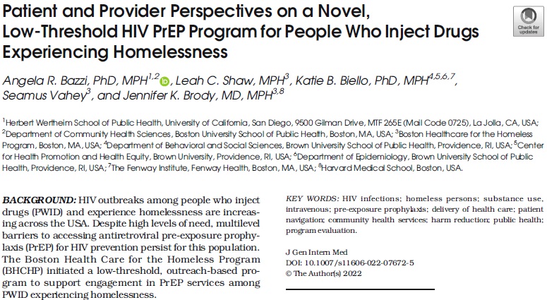 New paper on innovative PrEP programming for people who inject drugs experiencing #homelessness emphasizes low-threshold approaches, taking #PrEP out to the community, and trusting, respectful relationships #HIV @angiebazzi @UCSanDiegoSPH @UCSDHealth link.springer.com/article/10.100…