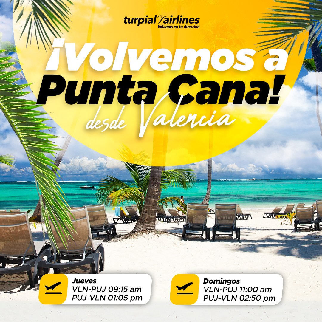 #TurpialAirlines vuelve a Punta Cana, uno de los destinos más populares y soñados de nuestras rutas ✨

A partir del 7 de julio podrás comenzar a disfrutar de este espectacular destino junto a tus personas favoritas.

Volaremos a #PuntaCana los días jueves y domingos.