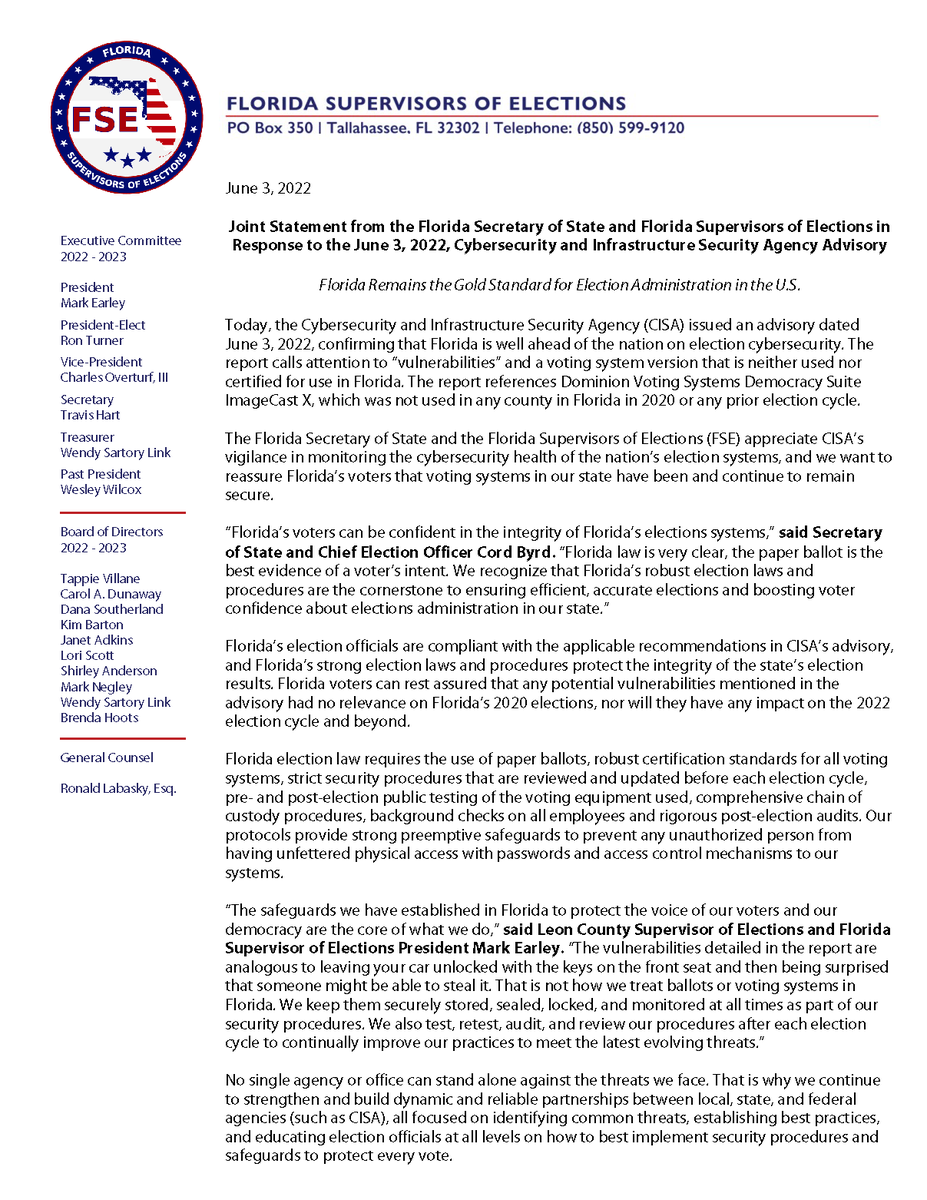 Florida Remains the Gold Standard for Election Administration in the U.S. The safeguards we have established in Florida to protect the voice of our voters and our democracy are the core of what we do. - Mark S. Earley, FSE President and Leon County Supervisor of Elections