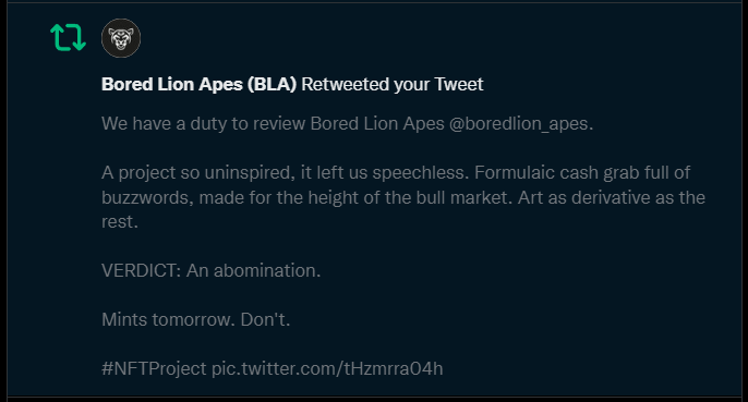 NoFungeNFT's tweet photo. Oh, we are so GLAD you approve @boredlion_apes 😹

#NFTProject #NFTCommumity #WDNF https://t.co/NfQ6dWrFKG