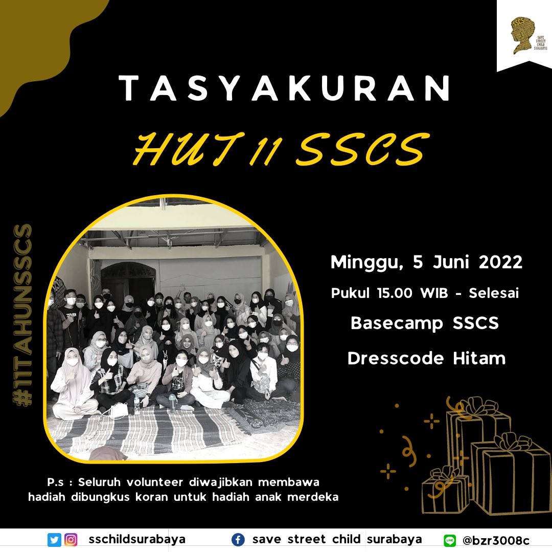🎉TASYAKURAN HUT 11 SSCS 🎉

[ AYO REK TEKO REK ]

Hallo mas, mbak, dan teman-teman🙌
Yuk hadir di acara TASYAKURAN HUT 11 SSCS yang dilaksanakan pada :

🗓️: Minggu, 5 Juni 2022
🕙: 15.00 WIB
📍: Jl. Sibolga No 4A, Surabaya (Basecamp SSCS)
👕: Hitam