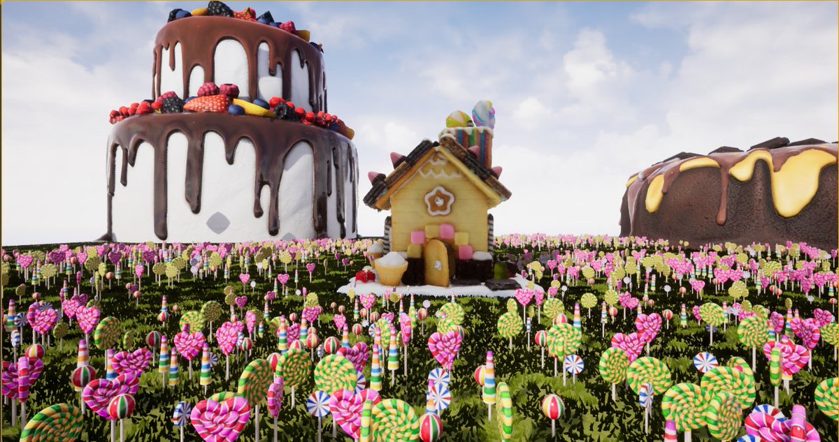 corrupters's tweet photo. UE4で作成中のXRセット用のお菓子の家、真ん中のお菓子の家は本物のお菓子をフォトグラメトリで3DCG化、その他のお菓子はアセットで、キャンディの花は数千本ブループリントで生成。#UE4 #deeptv #photogrammetry #fantasy #cake #candy https://t.co/AYKlromuwL