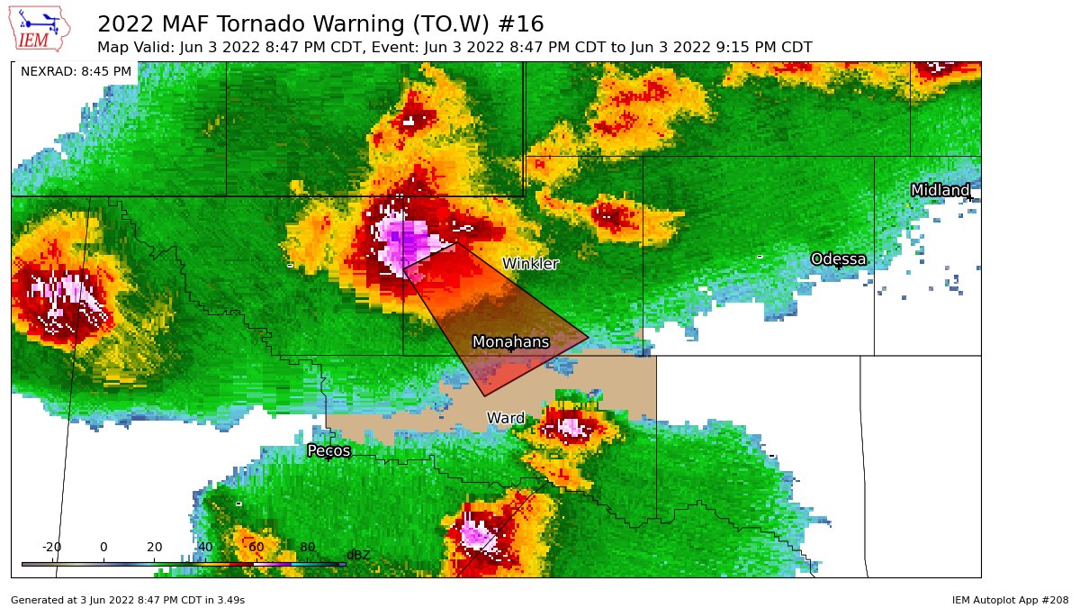 MAF issues Tornado Warning [tornado: RADAR INDICATED, hail: 2.50 IN] for Ward, Winkler [TX] till 9:15 PM CDT mesonet.agron.iastate.edu/vtec/f/2022-O-…