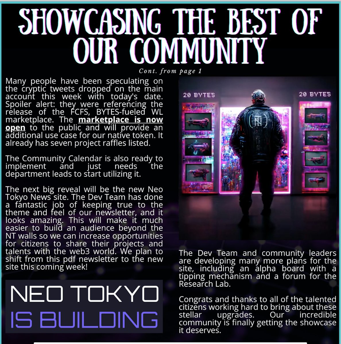 Neo_Tokyo_News's tweet photo. New https://t.co/46HssfdC3c website is up. $BYTES-fueled marketplace is Live.

Next Up: New public site for @Neo_Tokyo_News. Most of our articles will soon be available for public viewing on our sick new site. Check out the story below, and stay tuned. We got plenty more coming. https://t.co/6KJrgHM58V