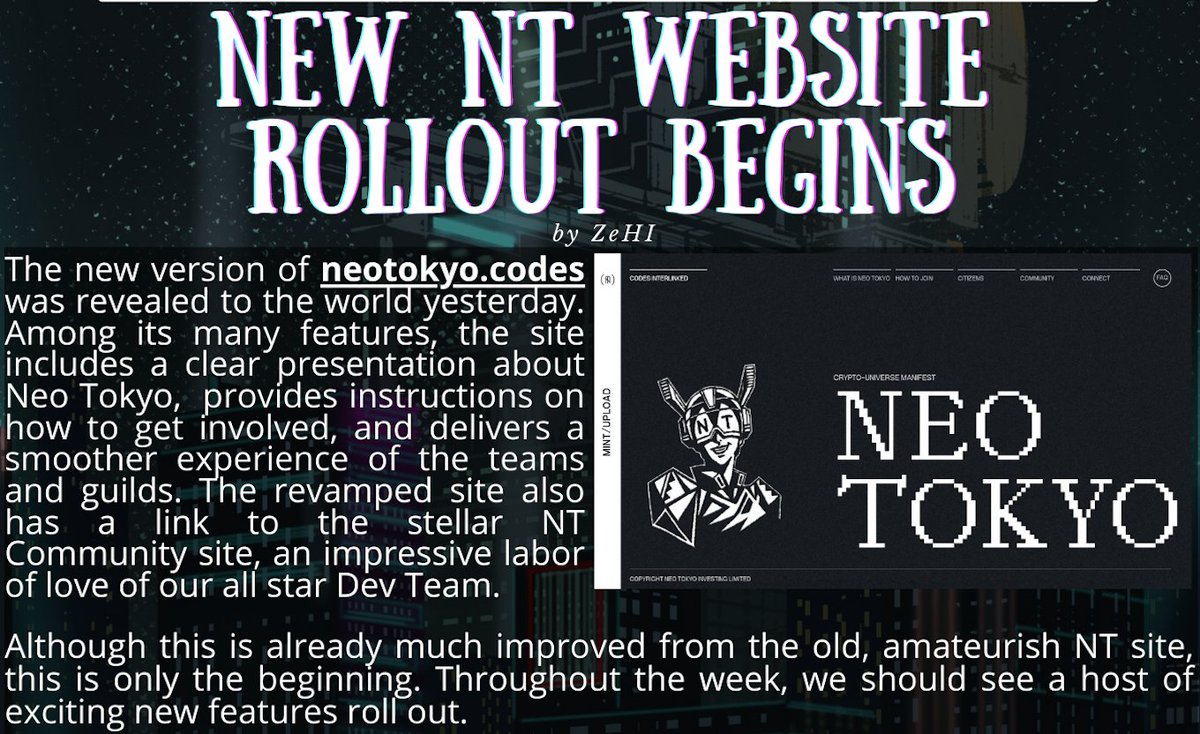 Neo_Tokyo_News's tweet photo. New https://t.co/46HssfdC3c website is up. $BYTES-fueled marketplace is Live.

Next Up: New public site for @Neo_Tokyo_News. Most of our articles will soon be available for public viewing on our sick new site. Check out the story below, and stay tuned. We got plenty more coming. https://t.co/6KJrgHM58V