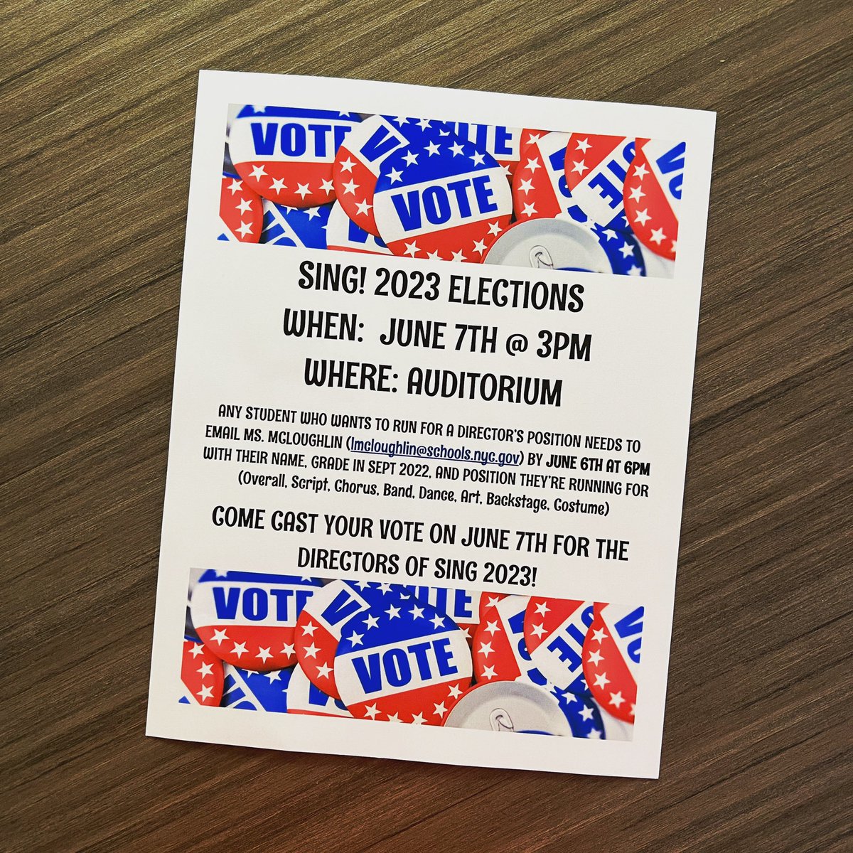 WagnerSing's tweet photo. SING 2023 Elections! If you want to run for a directors position, you must email Ms. McLoughlin (lmcloughlin@schools.nyc.gov) with your name, grade you’ll be in Sept 2022, &amp; the directors position you wish to have by 6/6 at 6pm.
#sing2023 #wagnersing #singelections #sewfalcons https://t.co/OUNVqBKTdB